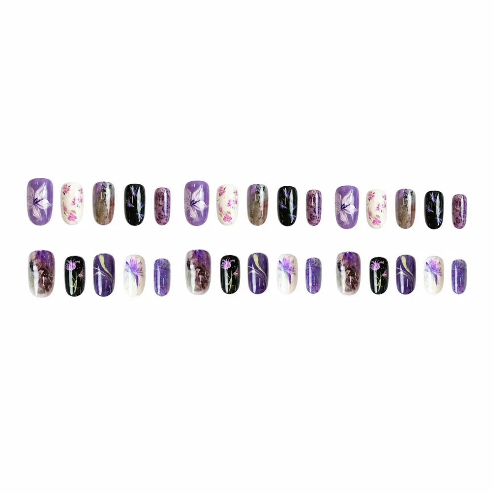 Nailhour 30pcs Short Oval Purple Floral Press On Nails