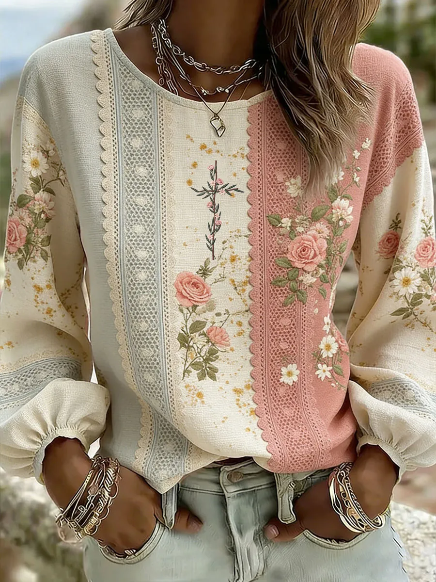 Women'S Casual Floral  Faith Print Cotton Linen Top