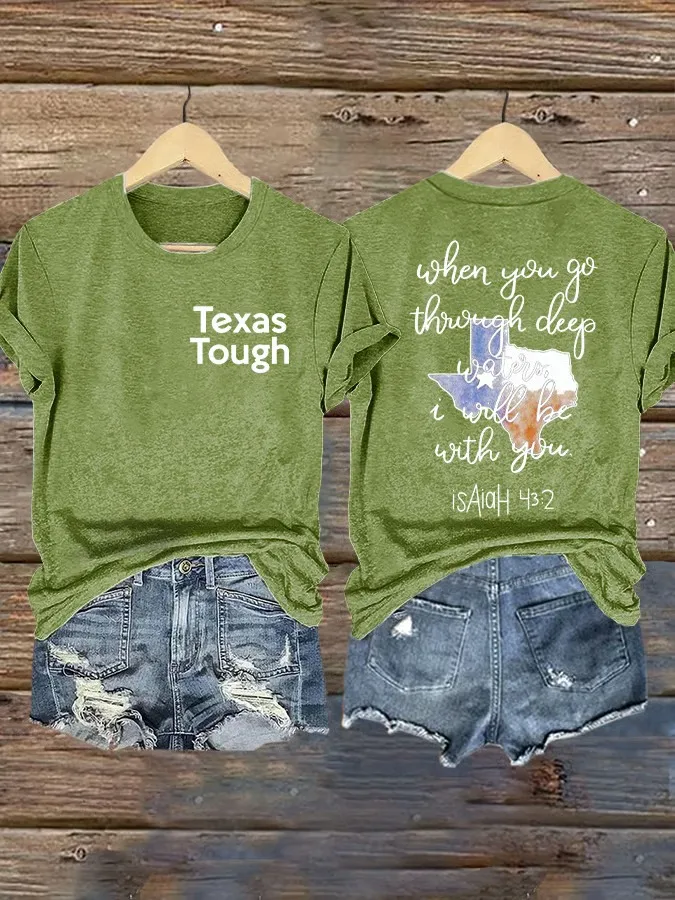 Retro Texas Tough Print Round Neck T-Shirt