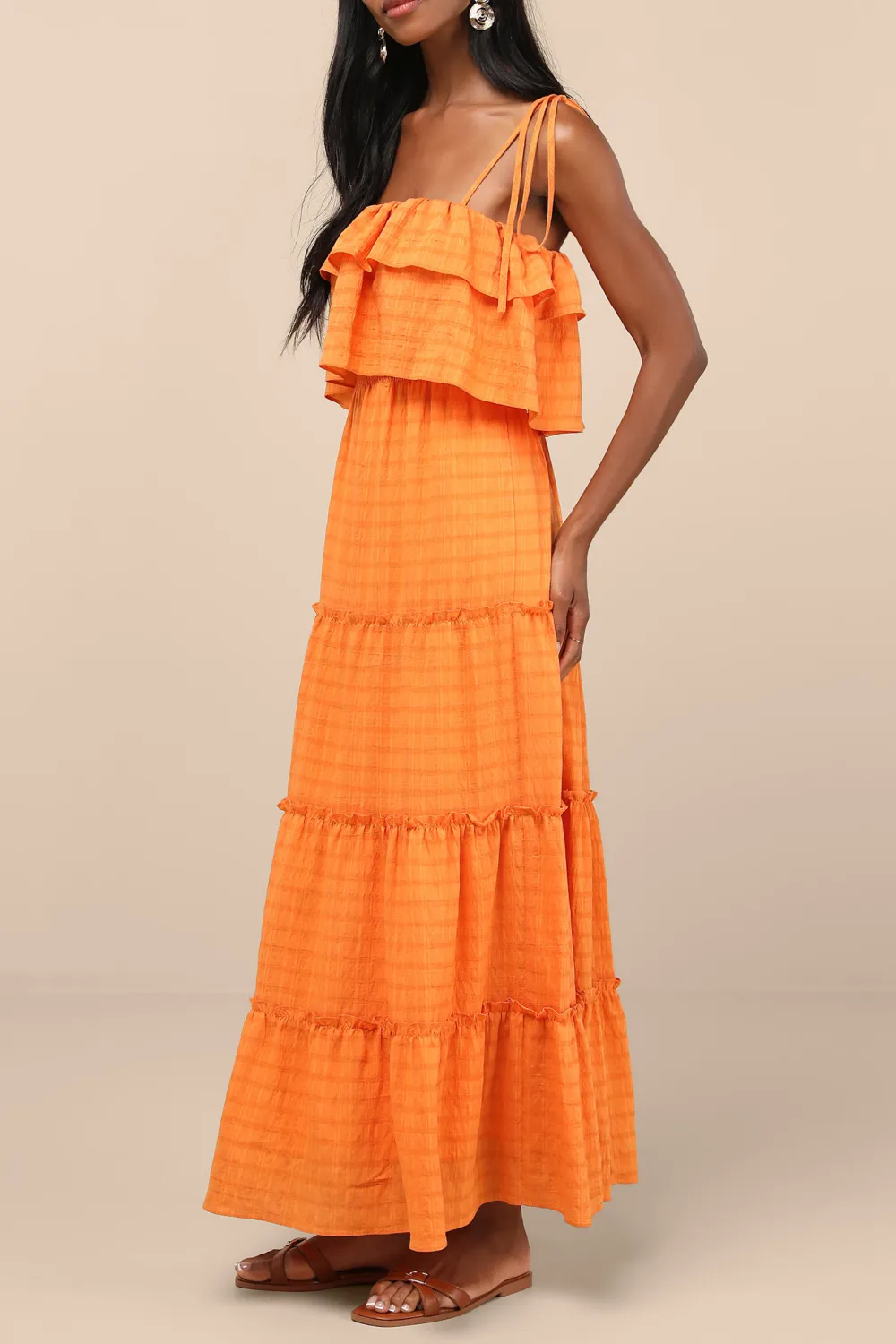 Casual Style Aqua Blue Textured Tie-Strap Tiered Maxi Dress