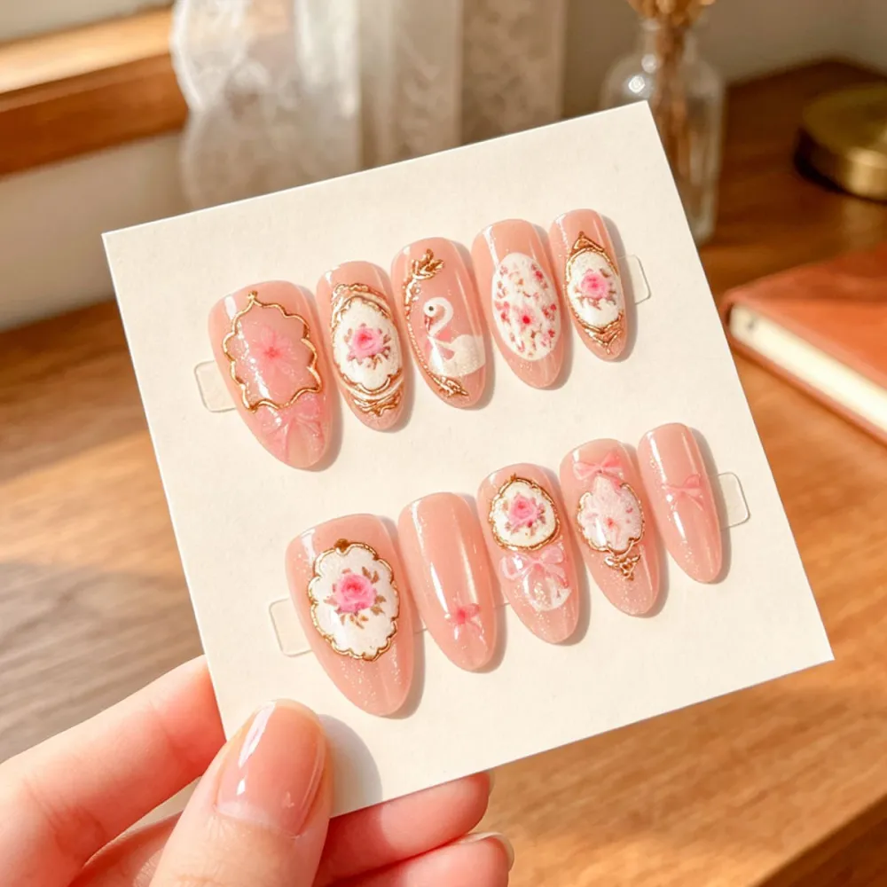 Nailhour 30Pcs Floral 3D Gilded Medium Almond Cat Eye French Press On Nails