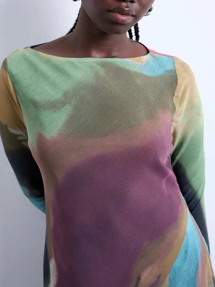 Contrast Color Printed Boat Neck Dress
