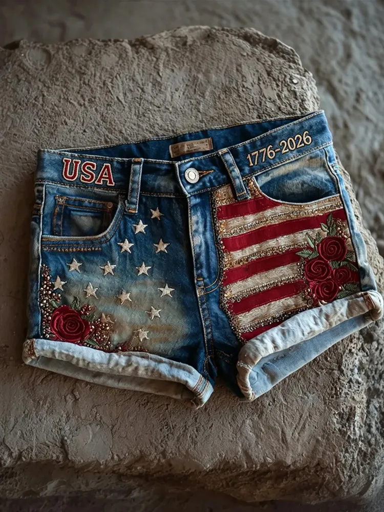 Women's USA 1776-2026 American Flag & Roses Print Shorts