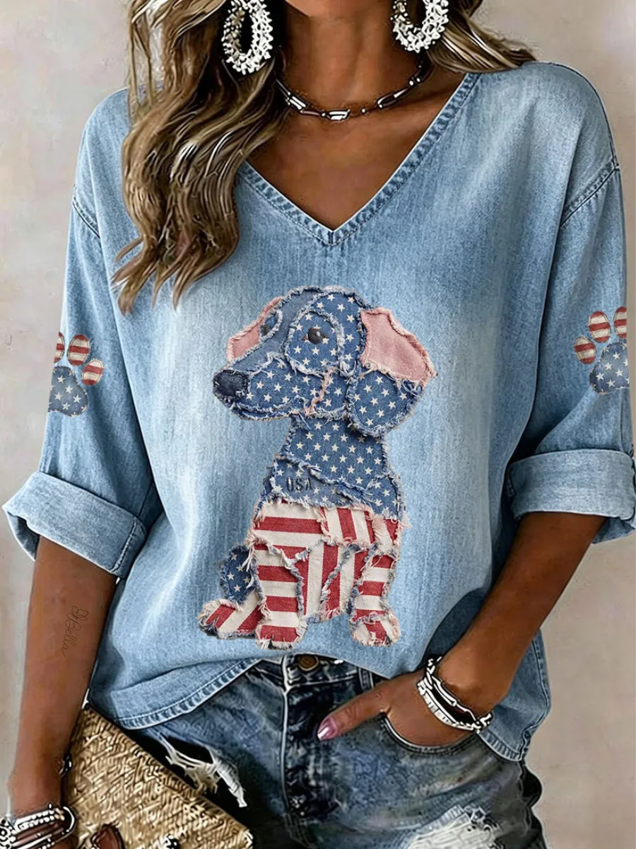 Women's Independence Day Paw Art Print Casual Top