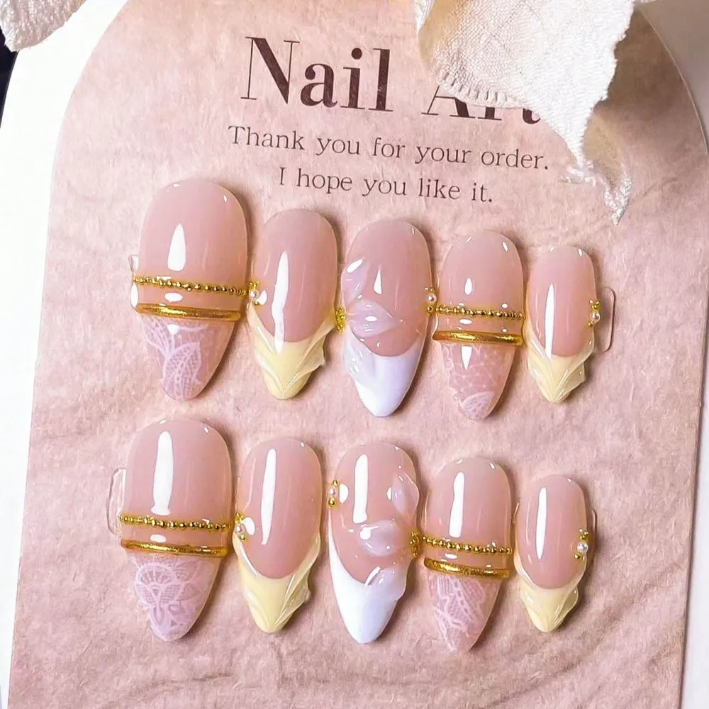 Nailhour 10Pcs Handmade 3D French Gilded  Medium Almond Press On Nails