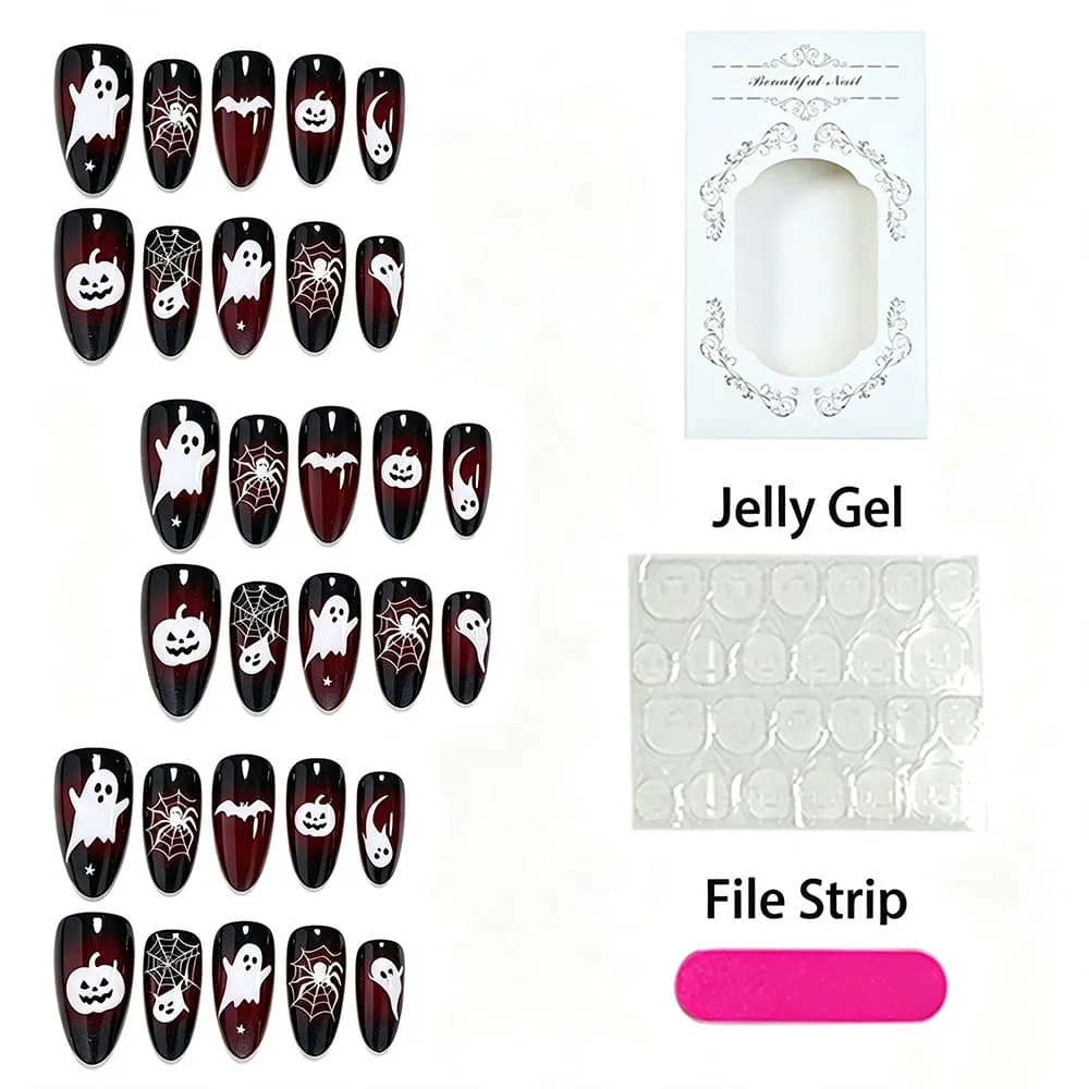 Nailhour 30Pcs Halloween Ghost Medium Almond Cat Eye Press On Nails