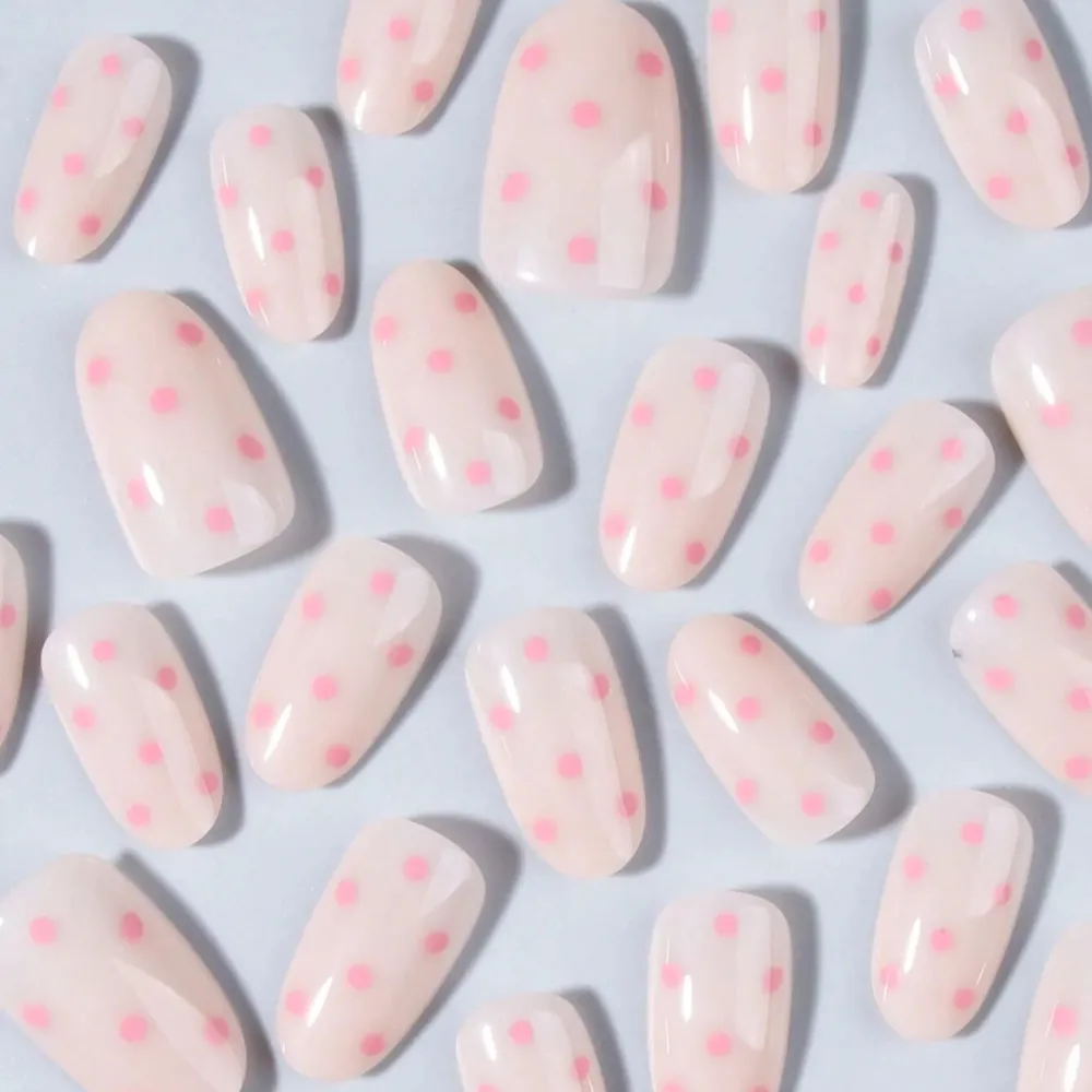 Nailhour 30Pcs Vintage Medium Oval Sweet Pink Polka Dot Press On Nails