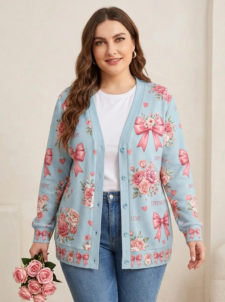 Women's Breast Cancer Awareness Floral Bow Printed Cardigan