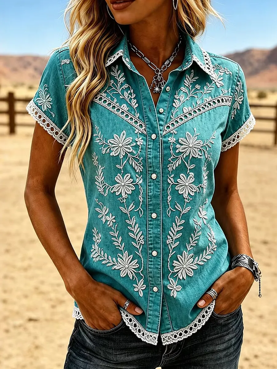 Women's Retro Western Style Floral Embroidery Art Shirt