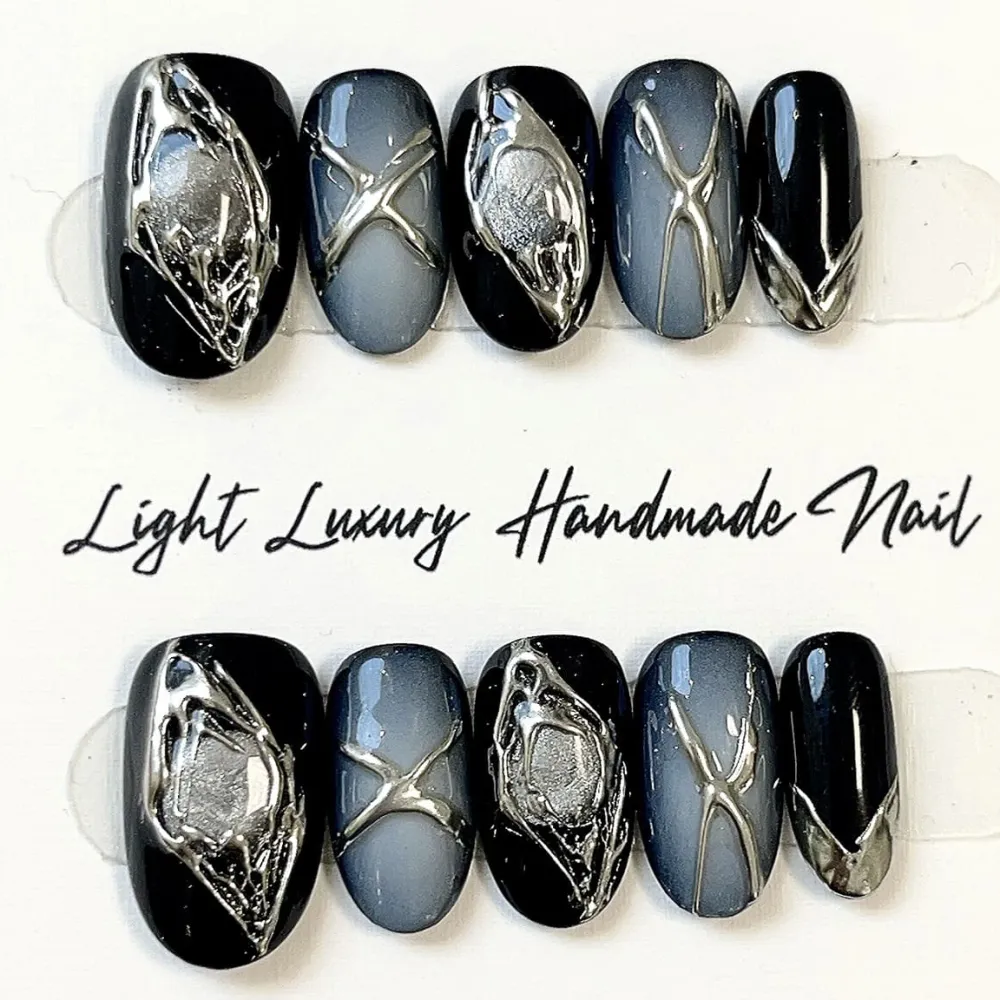 Nailhour 10Pcs Glitter Multicolor Gothic Short Oval Press On Nails