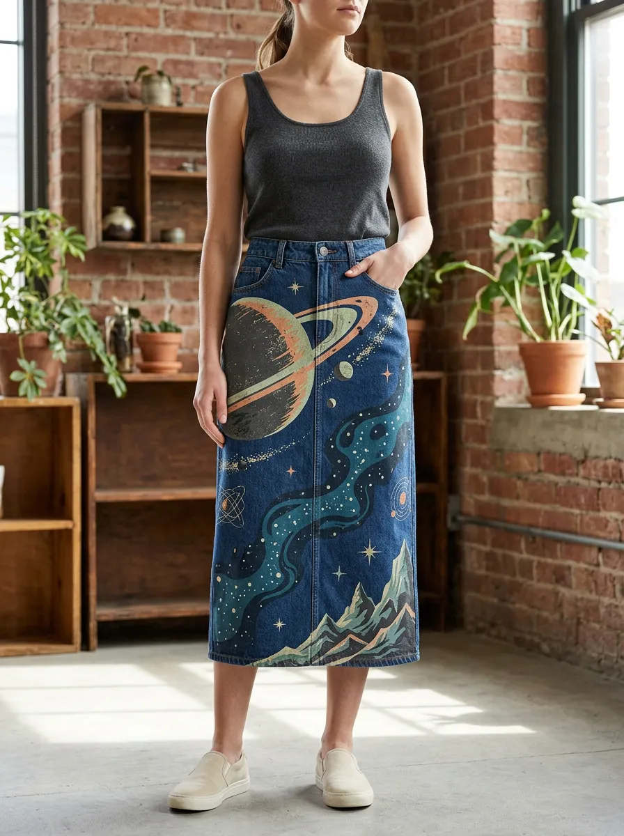 Women's Space Lover Planet Galaxy Printed Denim Skirt