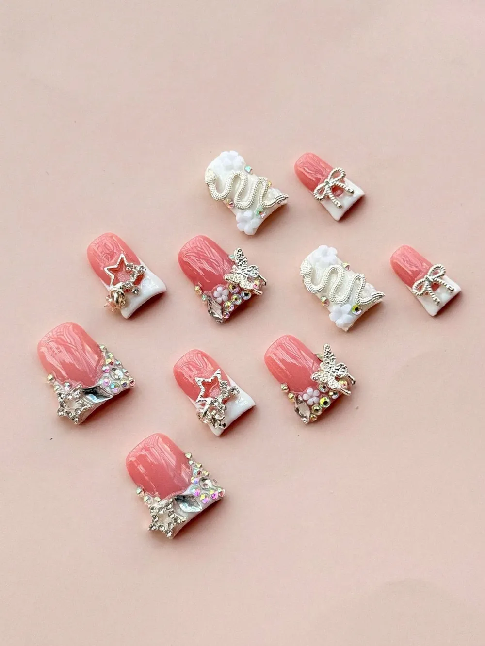 Nailhour 10Pcs Handmade 3D Rhinestone Y2K Short Coffin Press On Nails