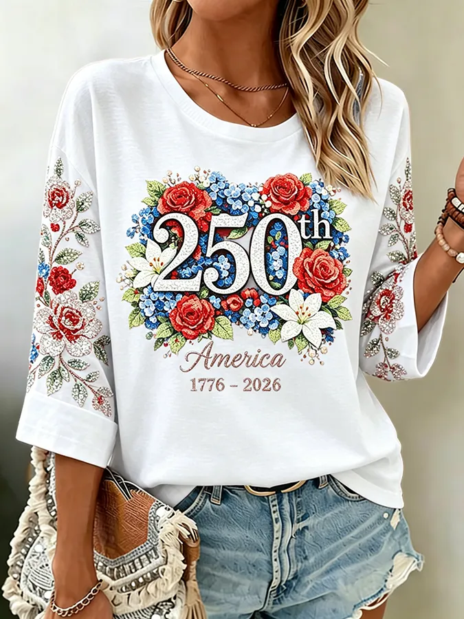 Women's America 250th Floral Glitter Print Casual Top