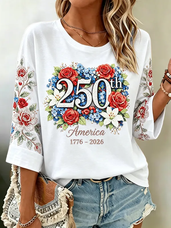 Women's America 250th Floral Glitter Print Casual Top