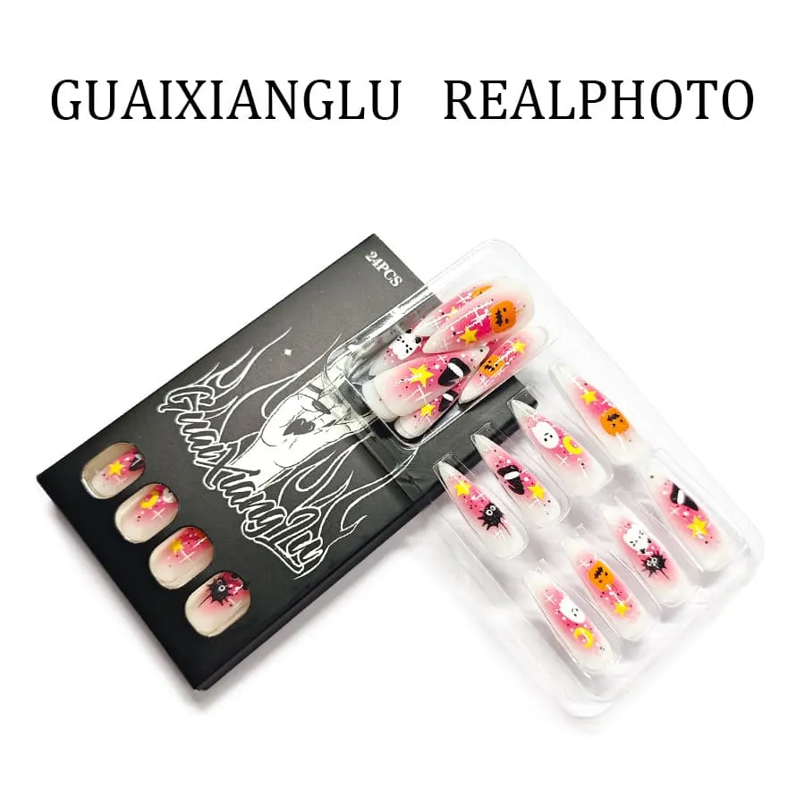 Nailhour 24Pcs Pink Halloween Cute Ghost Long Almond Press On Nails