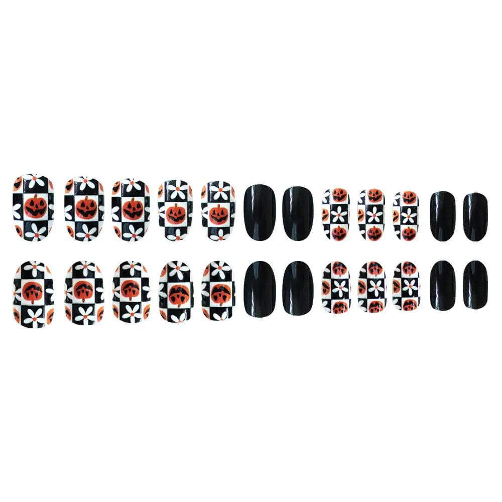 Nailhour 24Pcs Halloween Medium Oval Pumpkin Checkerboard Press On Nails