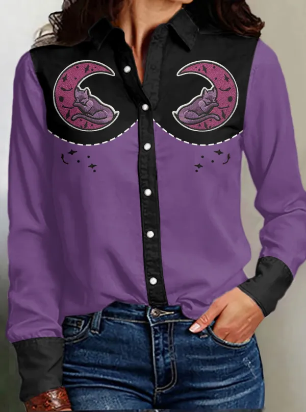 Women's Cat Moon Print Western Long Sleeve Shirt