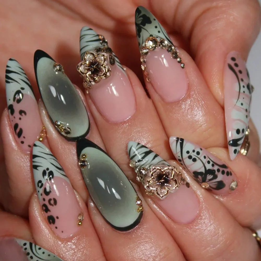 Nailhour 24Pcs Green Gilded Long Almond Press On Nails