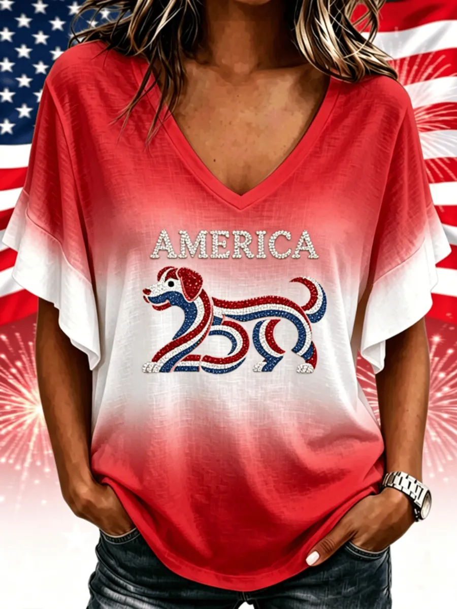 Women's Casual American Flag Floral Print Lapel Shirt