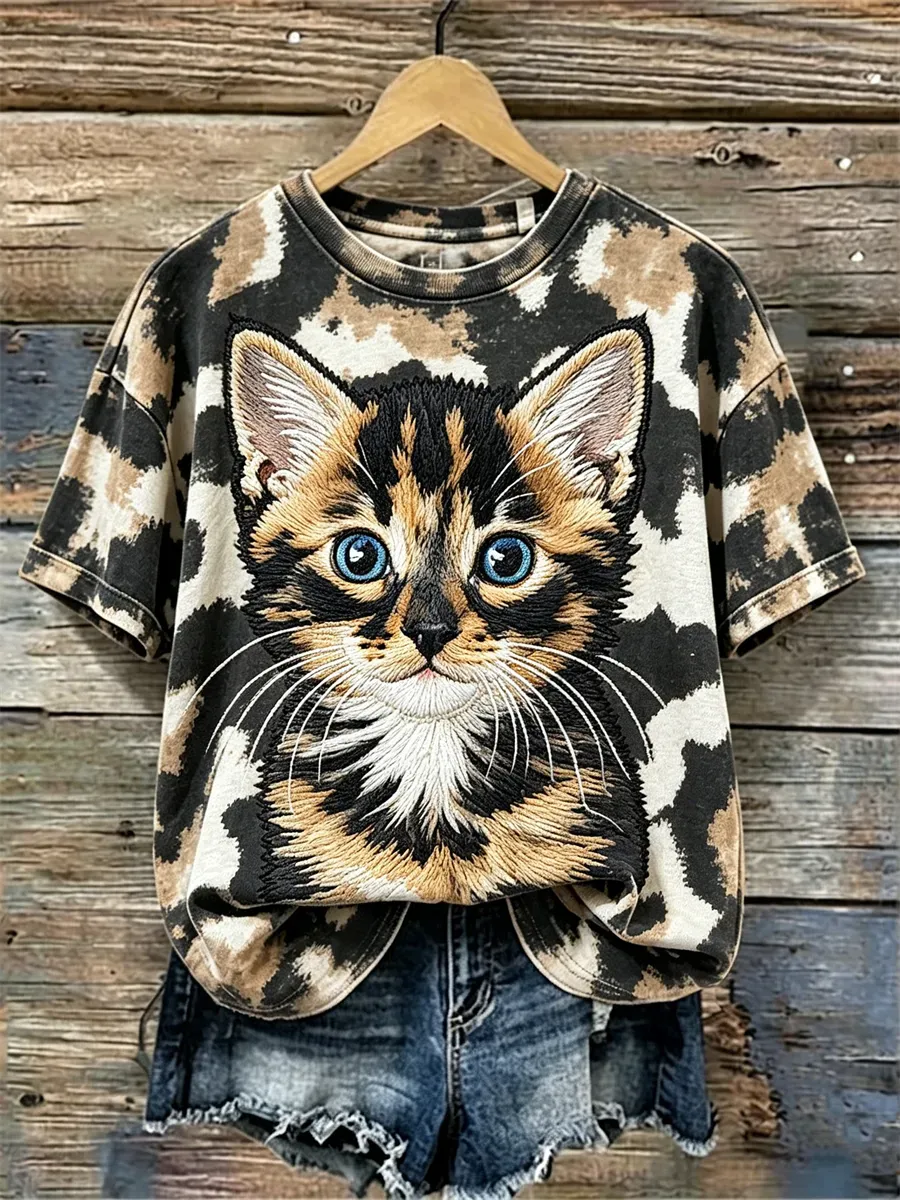 Women'S Lovely Tabby Cat & Cat Pattern Print Short-Sleeved T-Shirt