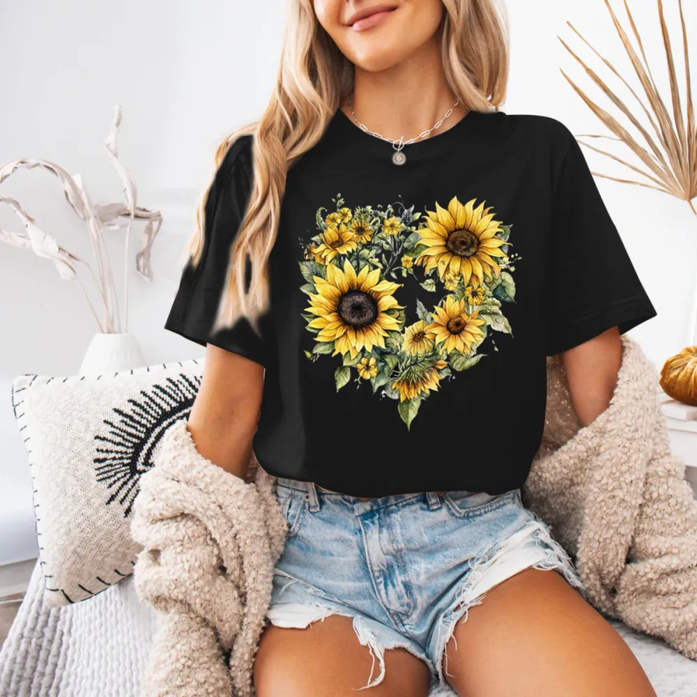 Sunflower And Heart Printed T-Shirts