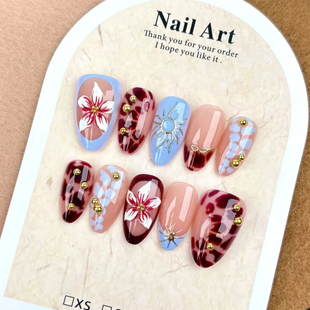 Nailhour 30Pcs Medium Almond Floral 3D Gilded French Press On Nails