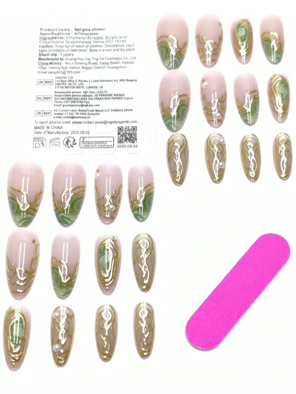 Nailhour 24pcs Green Gemstone Pearl Dopamine Color Scheme Almond Press On Nails