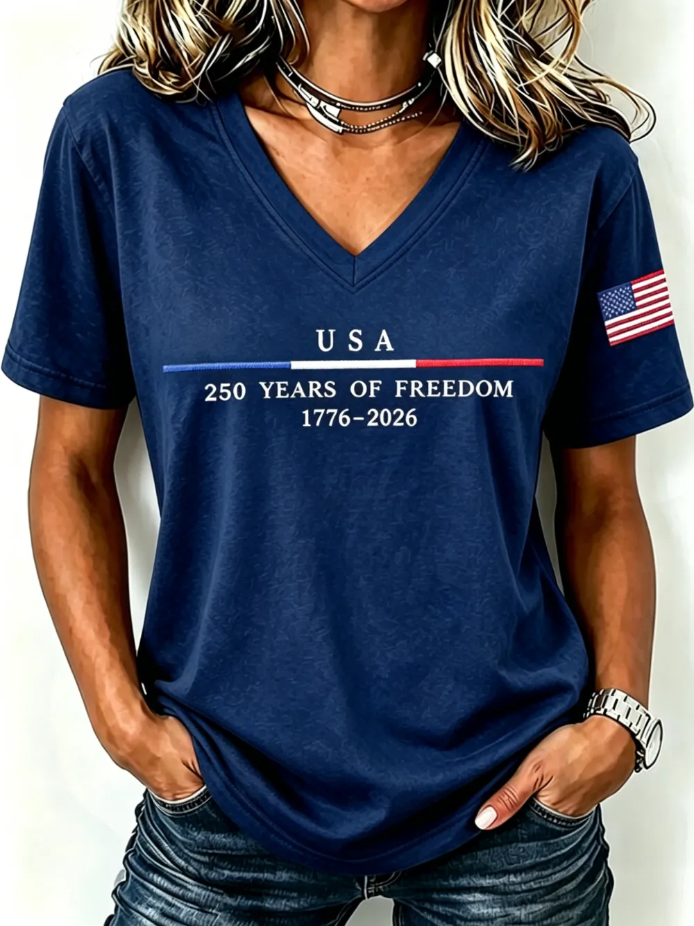 250Th Anniversary Embroidery Commemorative V-Neck Short Sleeved T-Shirt From The United States