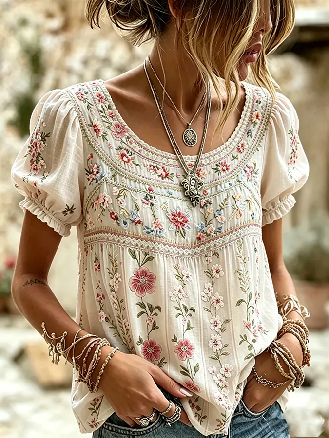 Women's Floral Print Round Neck Puff Sleeve Top
