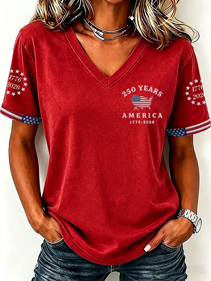 Women'S America Flag  Print Casual V-Neck T-Shirt