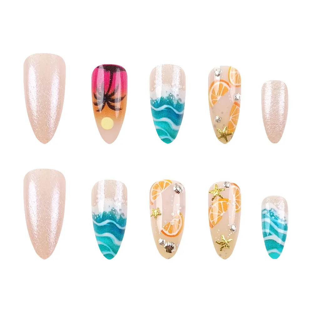 Nailhour Beach Medium Multicolor Holiday Summer 24 Pcs Almond Press On Nails