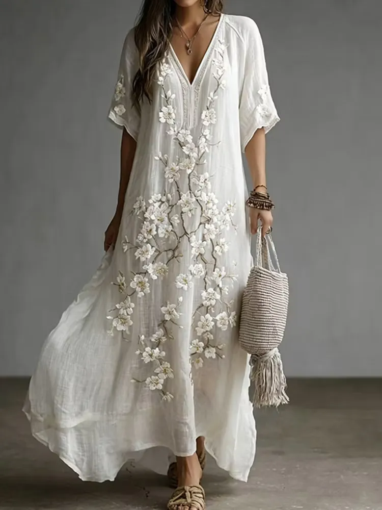 Women's Elegant Retro Floral Printed Cotton Linen Blend Long Skirt