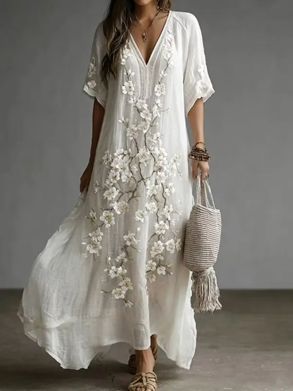 Women's Elegant Retro Floral Printed Cotton Linen Blend Long Skirt