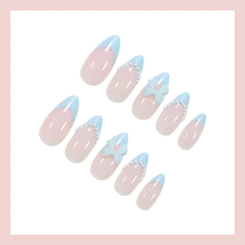 Nailhour 24Pcs Blue Bow 3D Medium Almond French Press On Nails