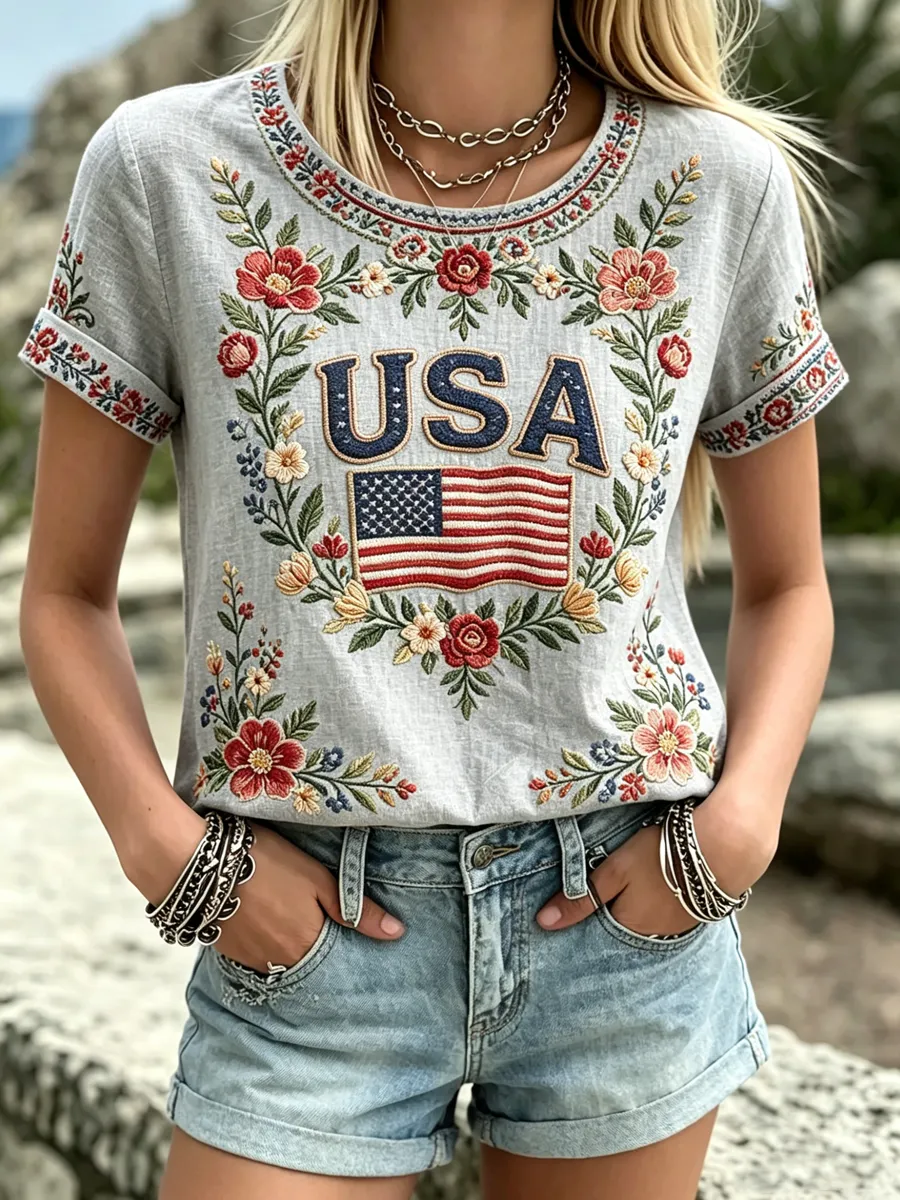Women's casual round neck Patriot printed T-shirt