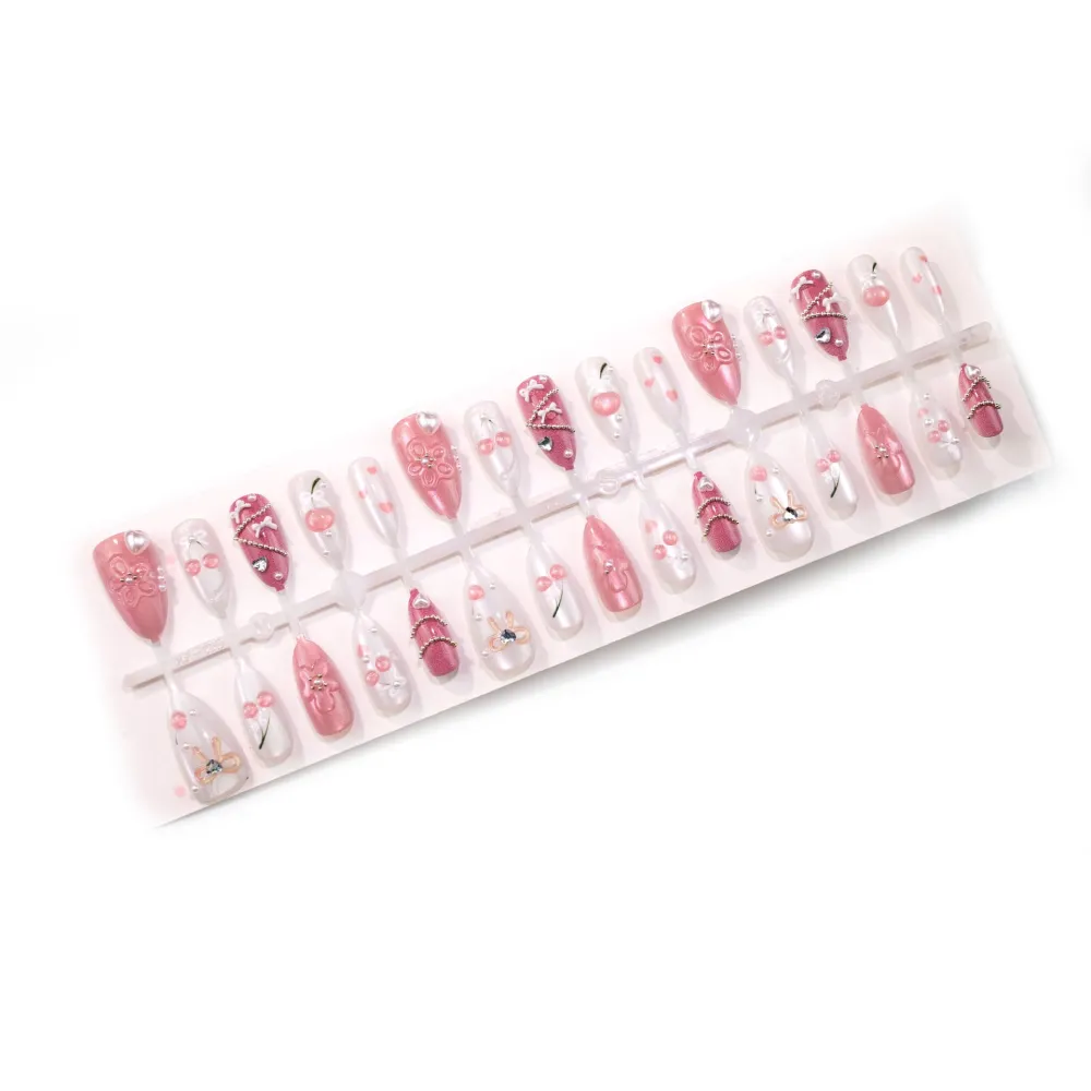 Nailhour 30Pcs Sweet Cherry Floral 3D Medium Almond French Press On Nails