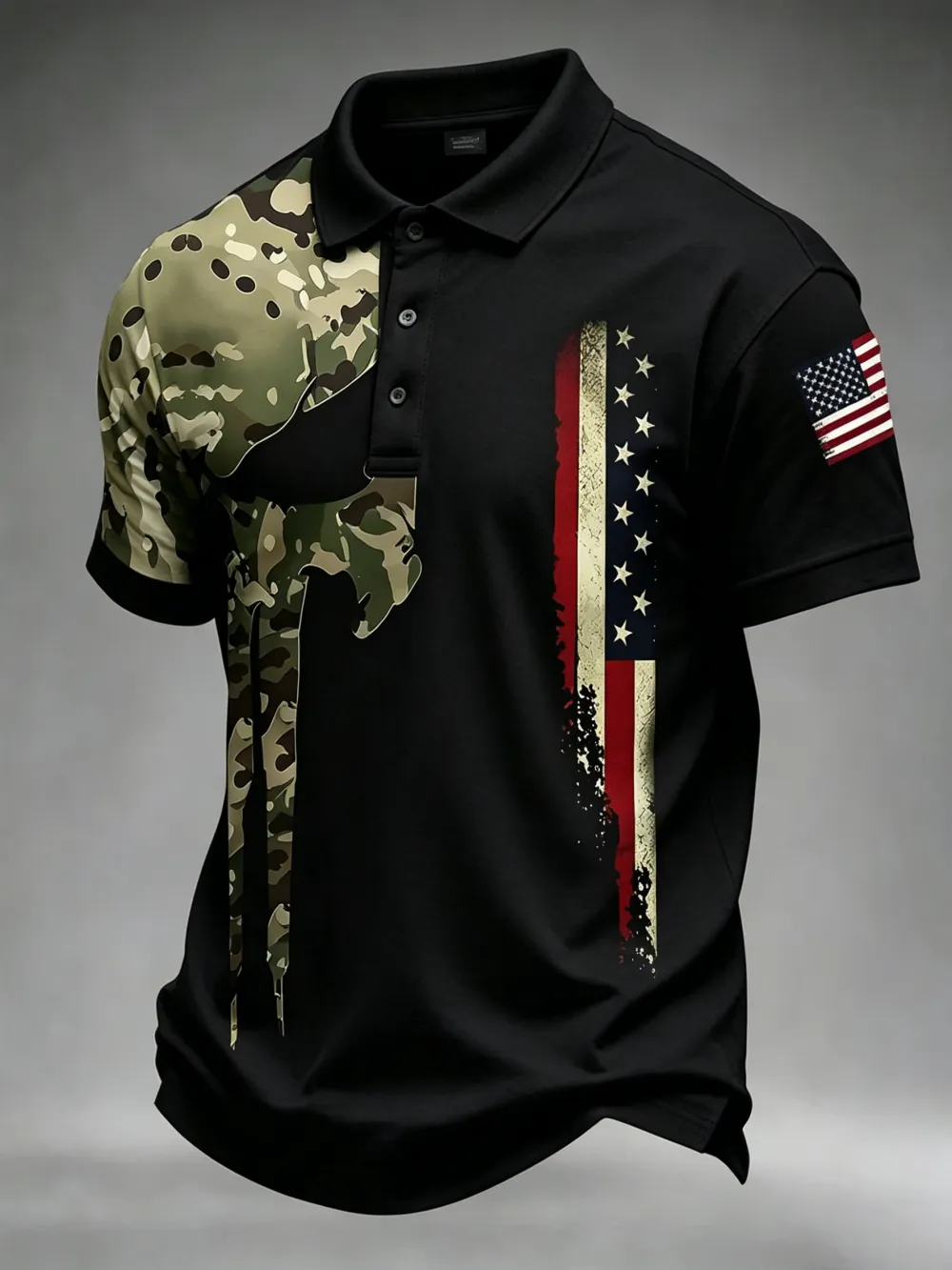 Men'S Casual American Independence Day Camouflage Skull Print Polo Shirt