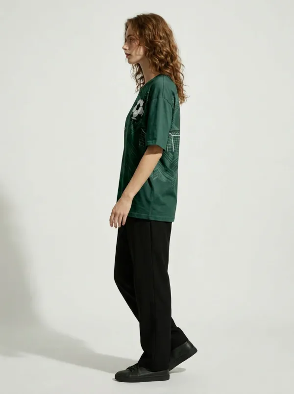 Women's Soccer Fan Green Geometric Soccer Ball Printed T-shirt