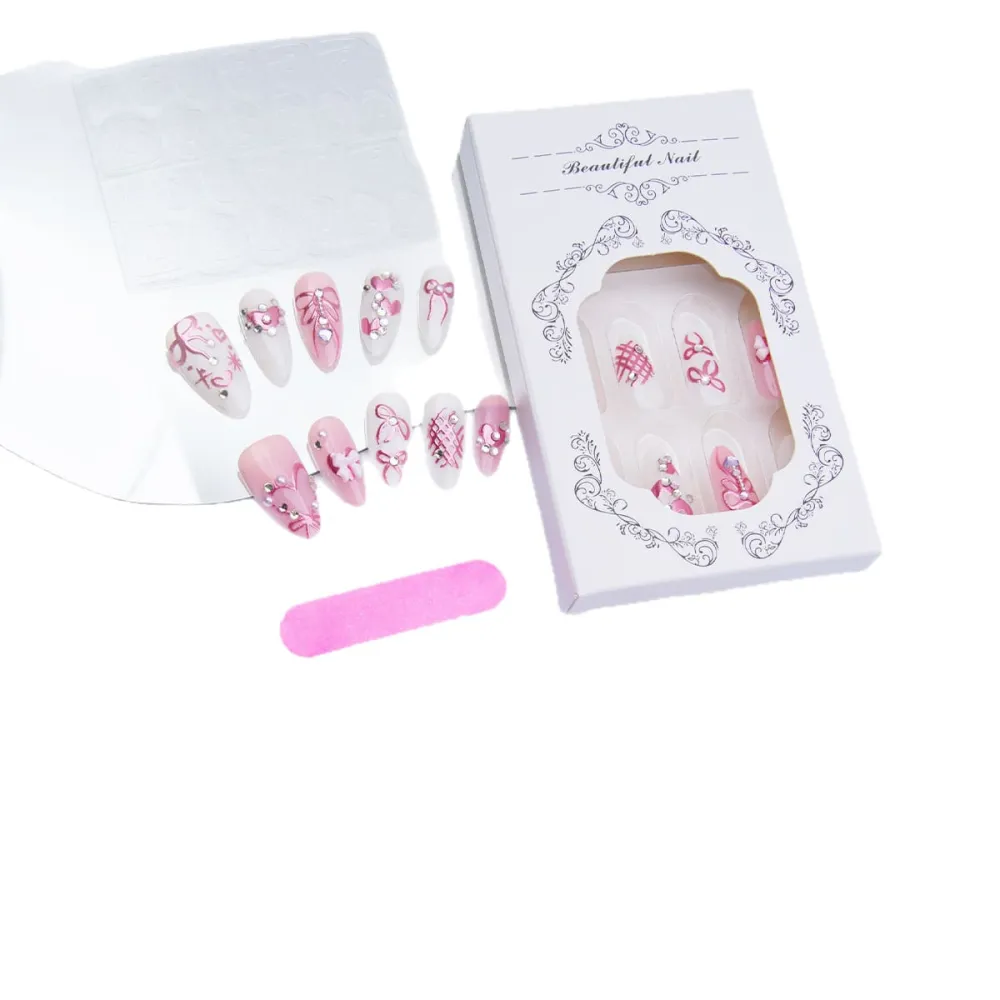 Nailhour 30Pcs Rhinestone 3D Medium Almond French Pink Press On Nails