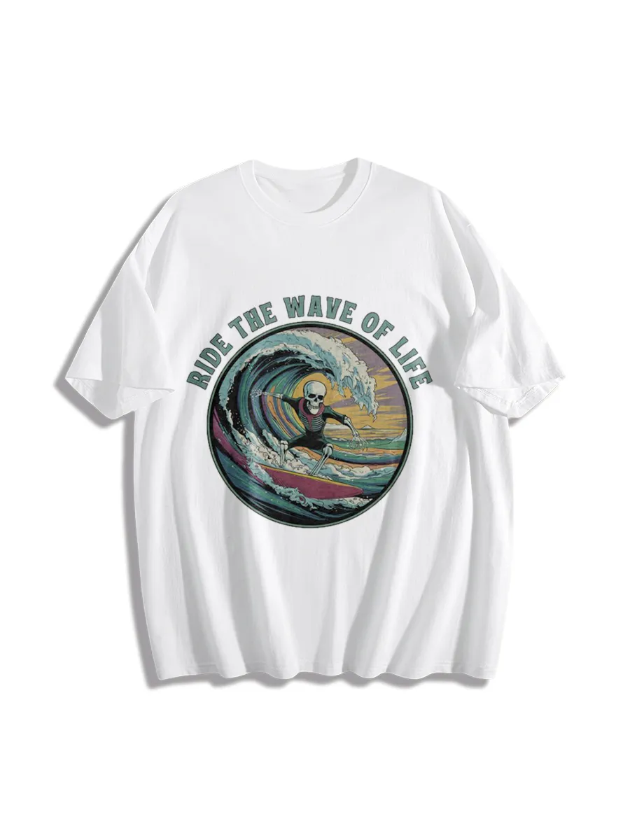 Surfing Skull Wave Themed Graphic T-Shirt