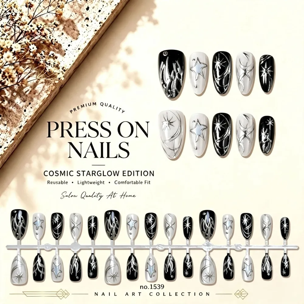 Nailhour 30Pcs Y2K Star 3D Medium Almond French Press On Nails