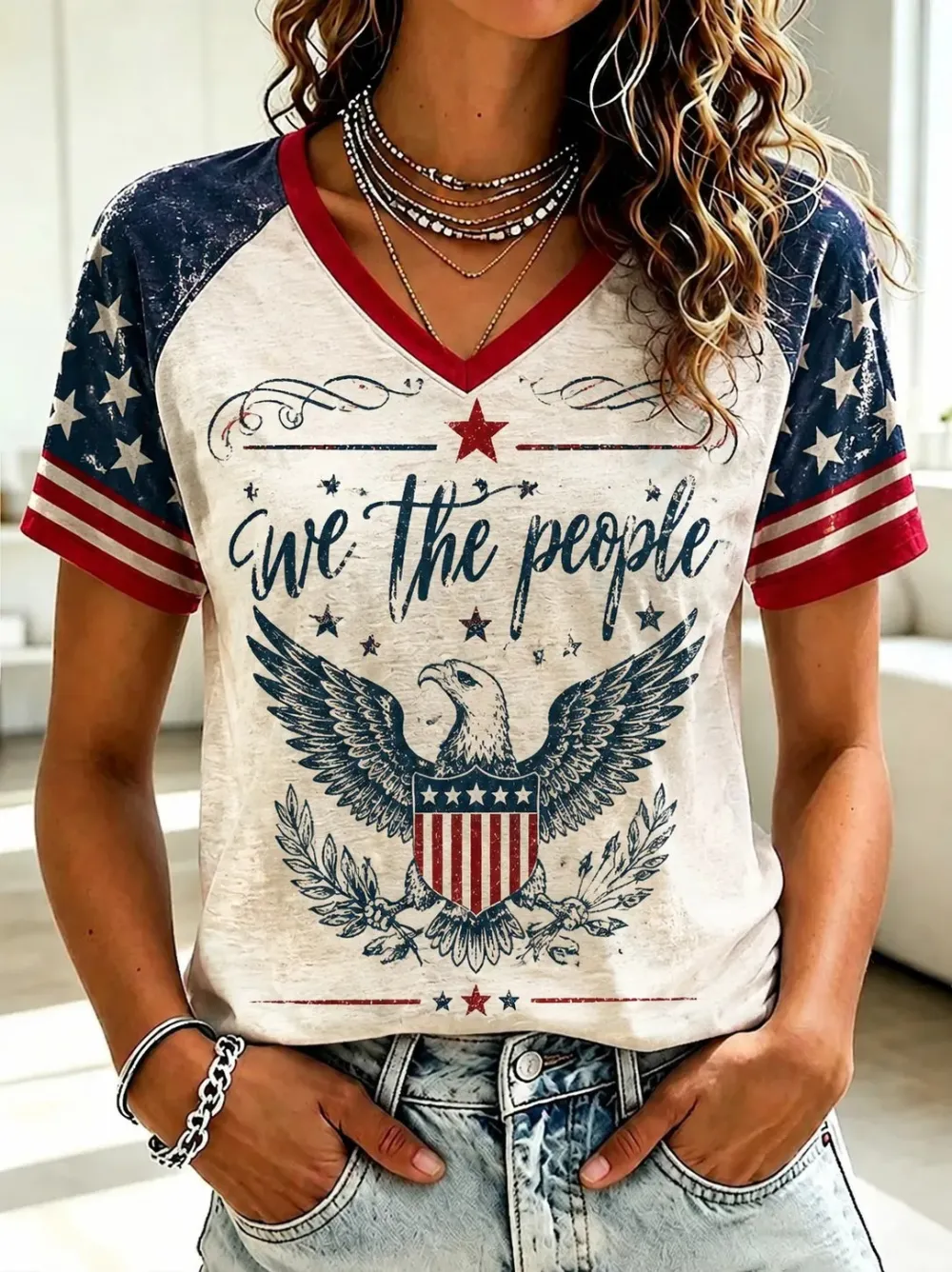 Ladies' Casual 250Th Anniversary Personalized Printed V-Neck Shoulder Short Sleeved Shirt