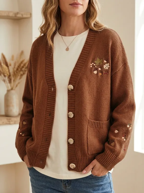 Acorn Leaf Embroidered Women's Knit Cardigan