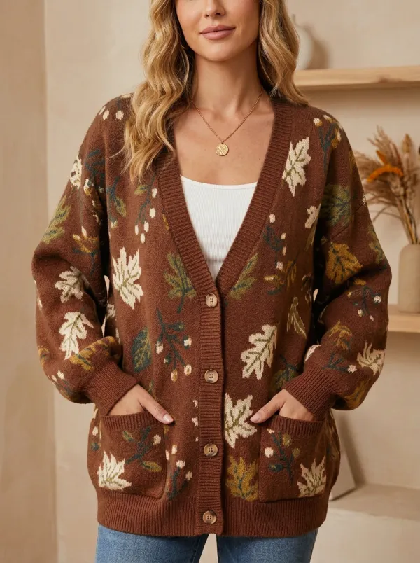 Rustic Maple Leaf Pattern Patterned Women's Knit Cardigan