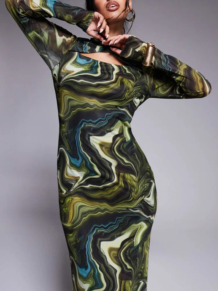 Cutout Abstract Print Long Sleeve Dress