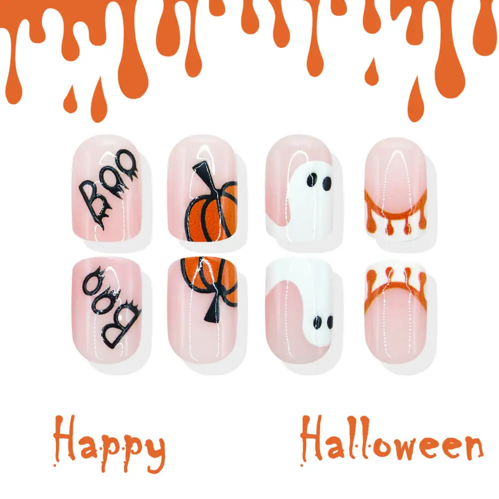 Nailhour 24Pcs Halloween Short Square Pumpkin Ghost Press On Nails