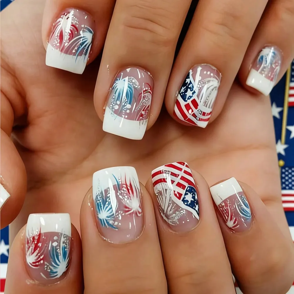 Nailhour 24pcs Fashionable Sky Blue Fireworks Pattern Short Square Press On Nails