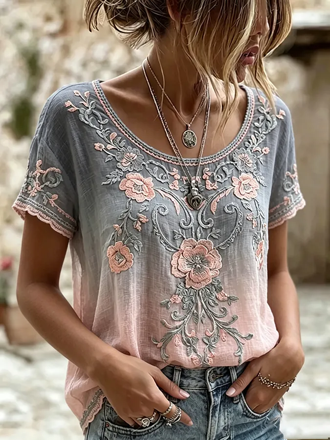 Women'S Casual Printed Cotton And Linen Round Neck Top