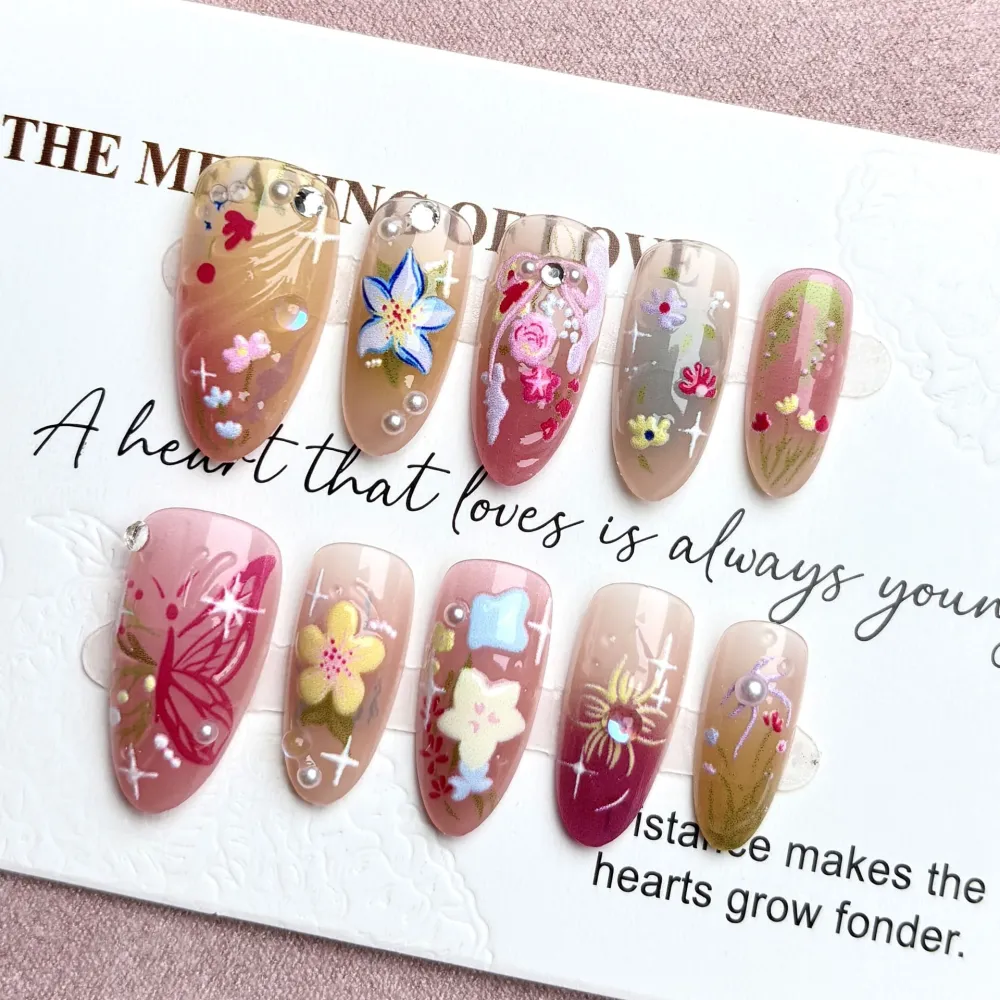 Nailhour 30Pcs Floral Fresh & Simple Medium Almond French Press On Nails