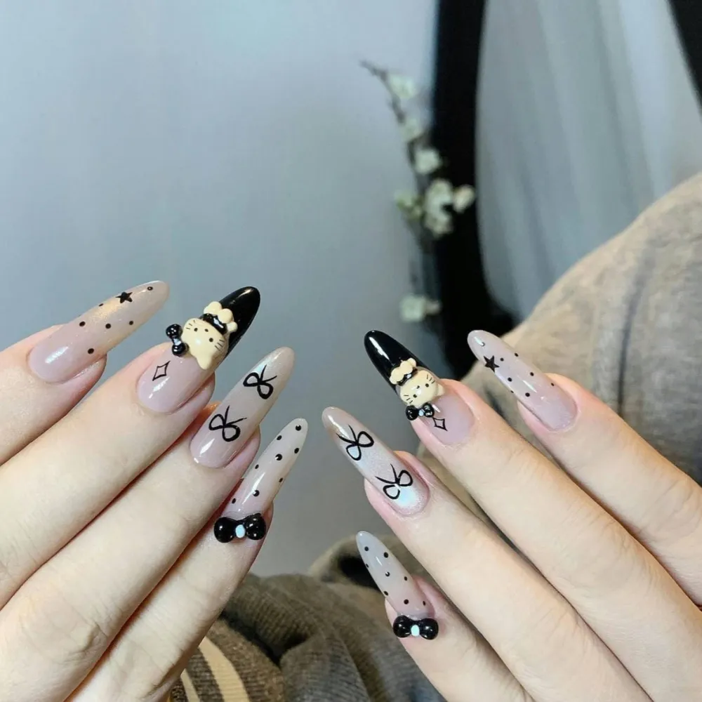 Nailhour 10Pcs Black 3D Vintage Polka Dots Kitty Long Almond Press On Nails